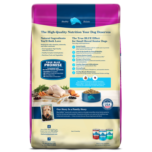 Back bag of Blue Buffalo Life Protection Natural Chicken & Brown Rice Recipe Small Breed Senior Dry Dog Food 15lbs