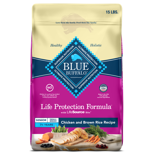 Front bag of Blue Buffalo Life Protection Natural Chicken & Brown Rice Recipe Small Breed Senior Dry Dog Food 15lbs
