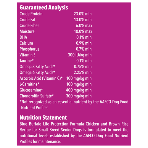 Nutrition Statement & Analysis for Blue Buffalo Life Protection Natural Chicken & Brown Rice Recipe Small Breed Senior Dry Dog Food 15lbs