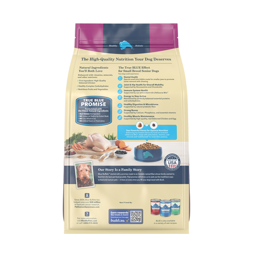 Back bag of Blue Buffalo Life Protection Natural Chicken & Brown Rice Recipe Small Breed Senior Dry Dog Food 5lbs