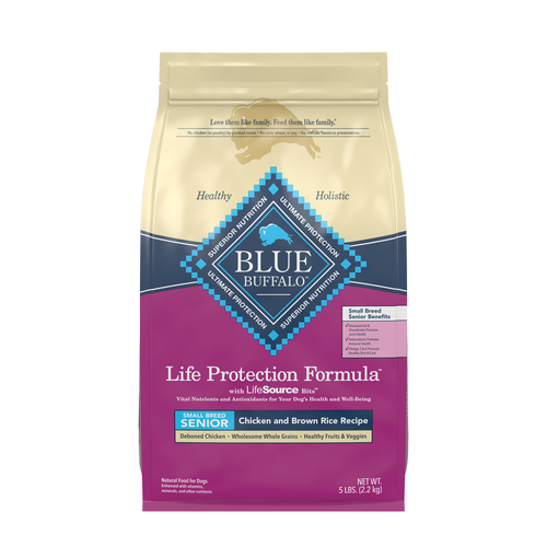 Front bag of Blue Buffalo Life Protection Natural Chicken & Brown Rice Recipe Small Breed Senior Dry Dog Food 5lbs