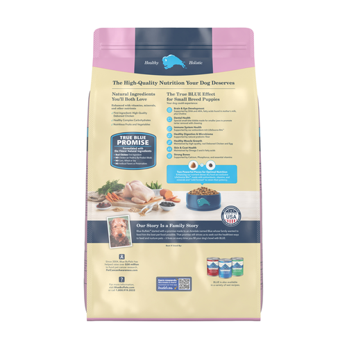 Back bag of Blue Buffalo Life Protection Natural Chicken & Oatmeal Recipe Small Breed Puppy Dry Dog Food 15 lbs