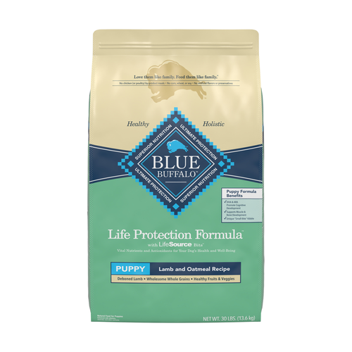 Front bag of Blue Buffalo Life Protection Natural Lamb & Oatmeal Recipe Puppy Dry Dog Food 30lbs 