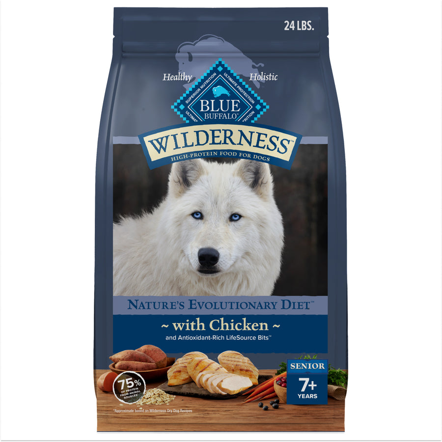 Front Bag of Blue Buffalo Wilderness Chicken High Protein Recipe Senior Dry Dog Food 24 lbs