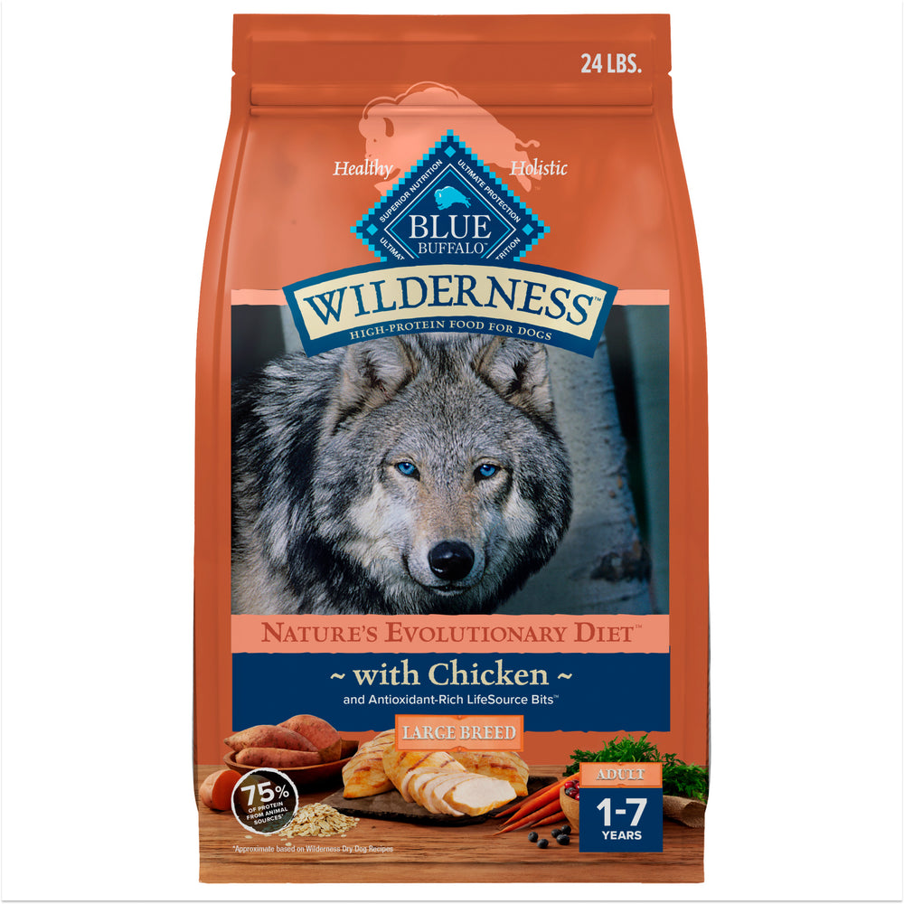 Front bag of Blue Buffalo Wilderness High Protein Chicken Recipe Adult Large Breed Dry Dog Food 24 lbs