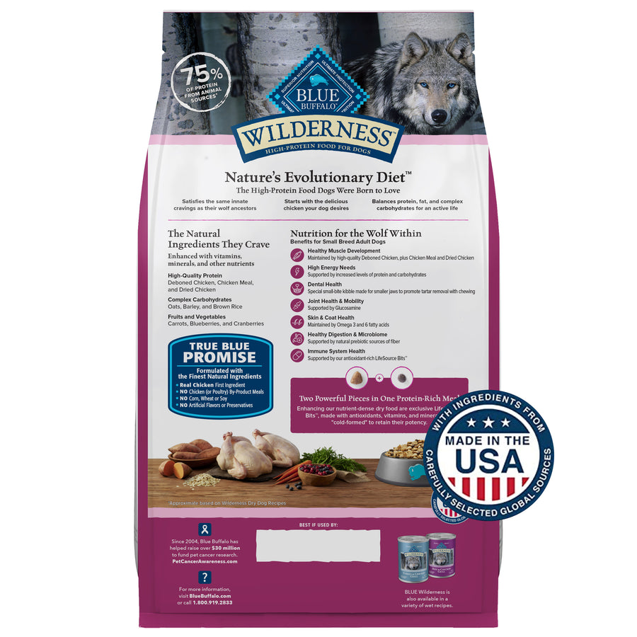 Back bag of Blue Buffalo Wilderness High Protein Chicken Recipe Adult Small Breed Dry Dog Food 13 lbs