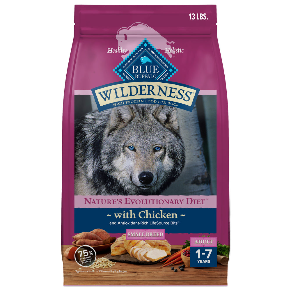Front bag of Blue Buffalo Wilderness High Protein Chicken Recipe Adult Small Breed Dry Dog Food 13 lbs