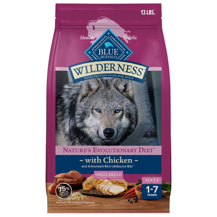 Front bag of Blue Buffalo Wilderness High Protein Chicken Recipe Adult Small Breed Dry Dog Food 13 lbs