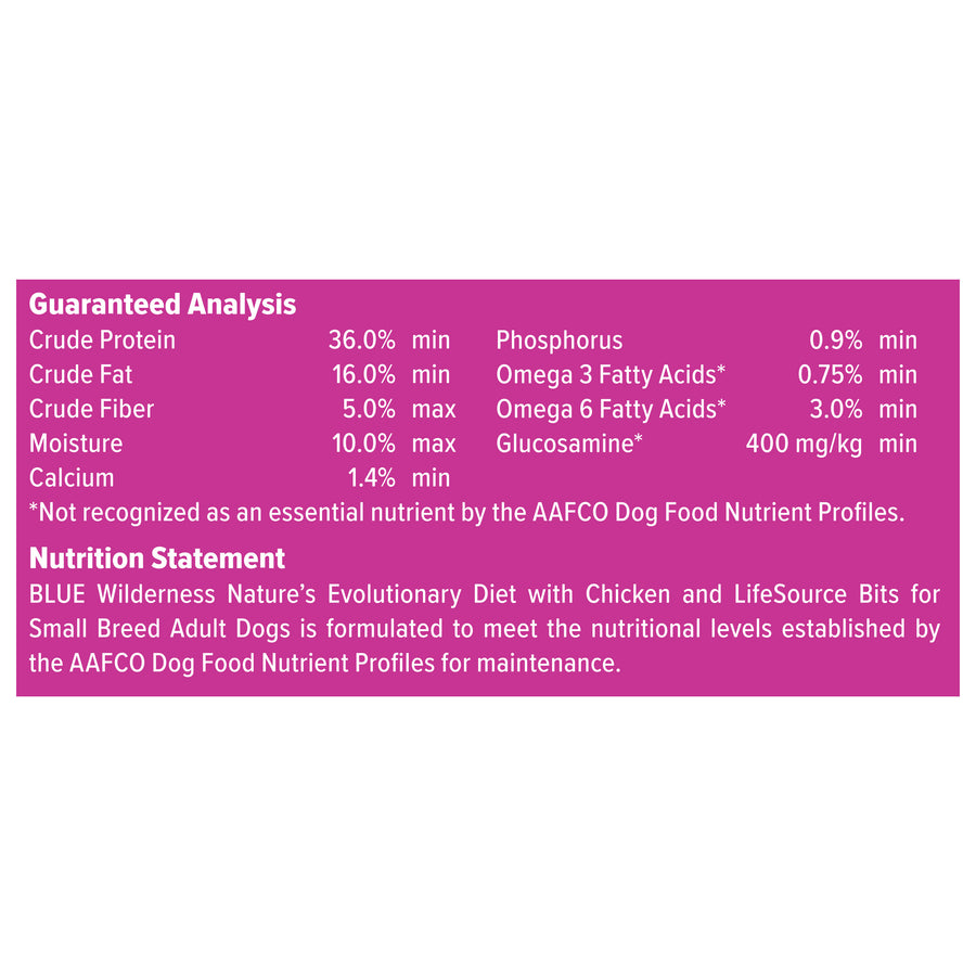 Nutrition Statement and Analysis of Blue Buffalo Wilderness High Protein Chicken Recipe Adult Small Breed Dry Dog Food 13 lbs
