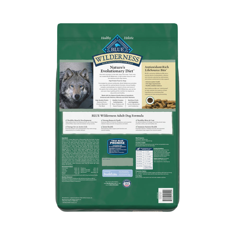 Back bag of Blue Buffalo Wilderness High Protein Duck Recipe Dry Dog Food 