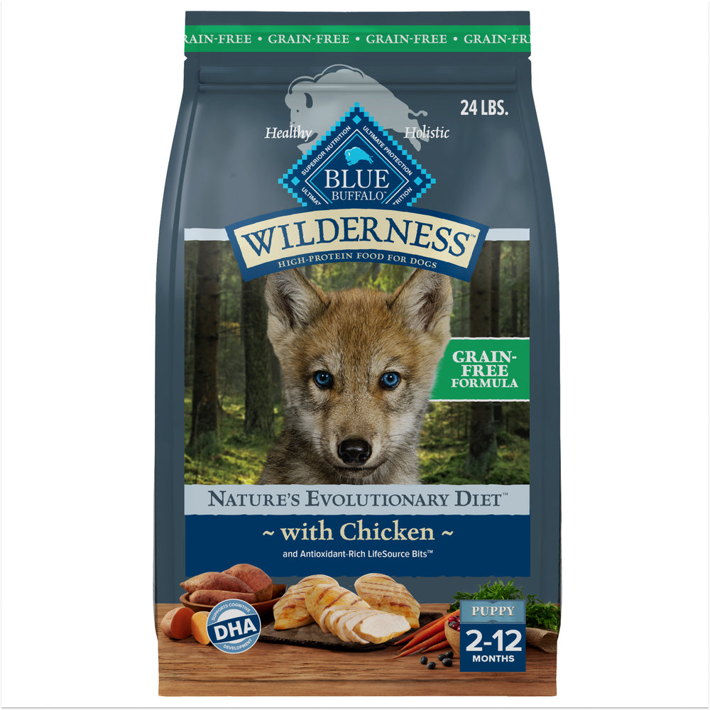 Front bag of Blue Buffalo Wilderness Puppy Chicken Dry Food 24 lbs