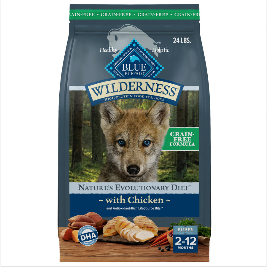 Front bag of Blue Buffalo Wilderness Puppy Chicken Dry Food 24 lbs