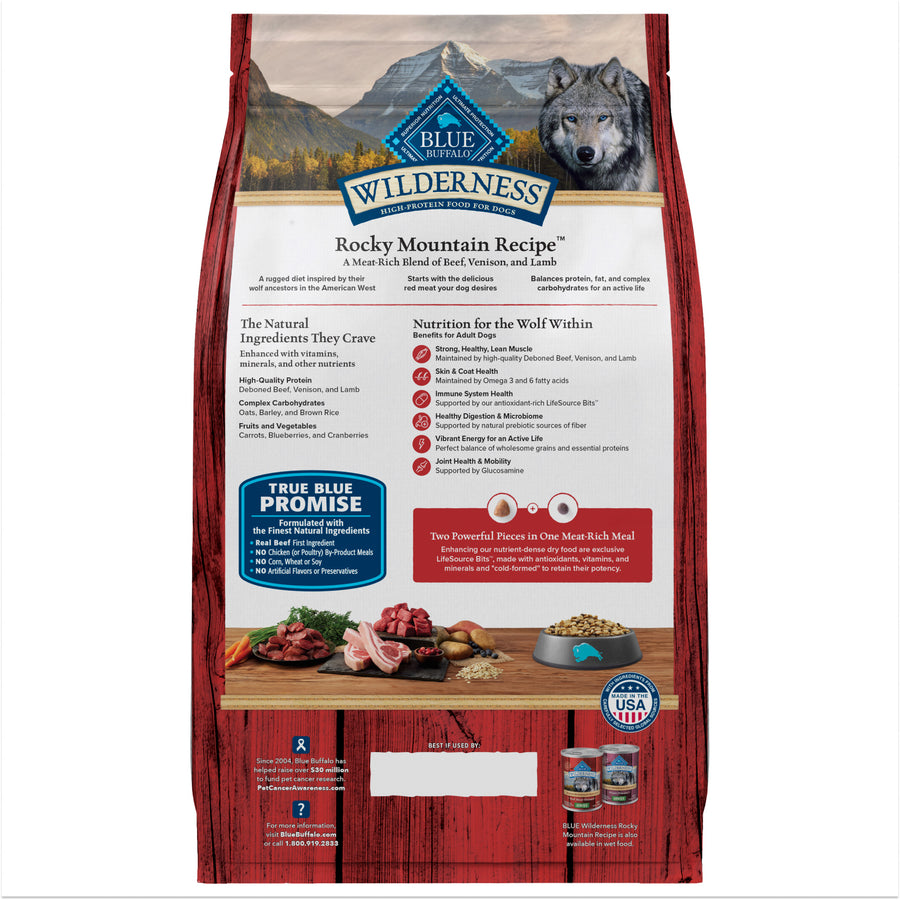 Back of bag of Blue Buffalo Wilderness Rocky Mountain Bison High Protein Recipe Adult Dry Dog Food 4.5lb