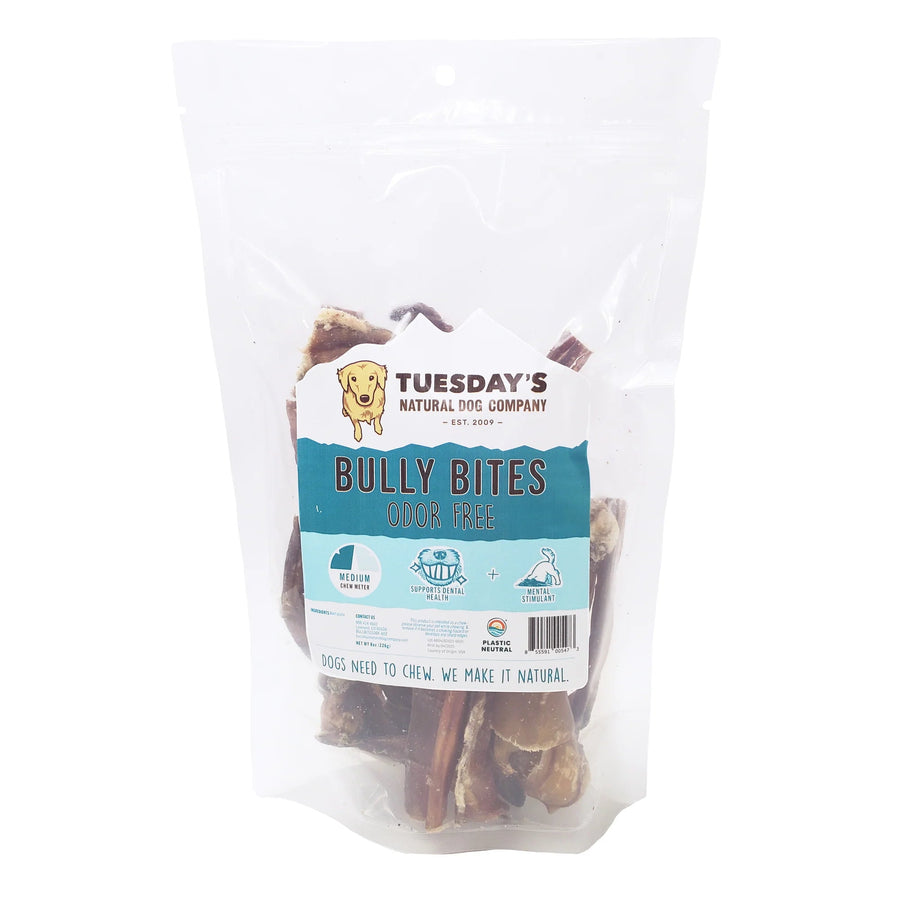 Tuesday's Natural Dog Company Odor Free Bully Bites Dog Treats Bag Packaging