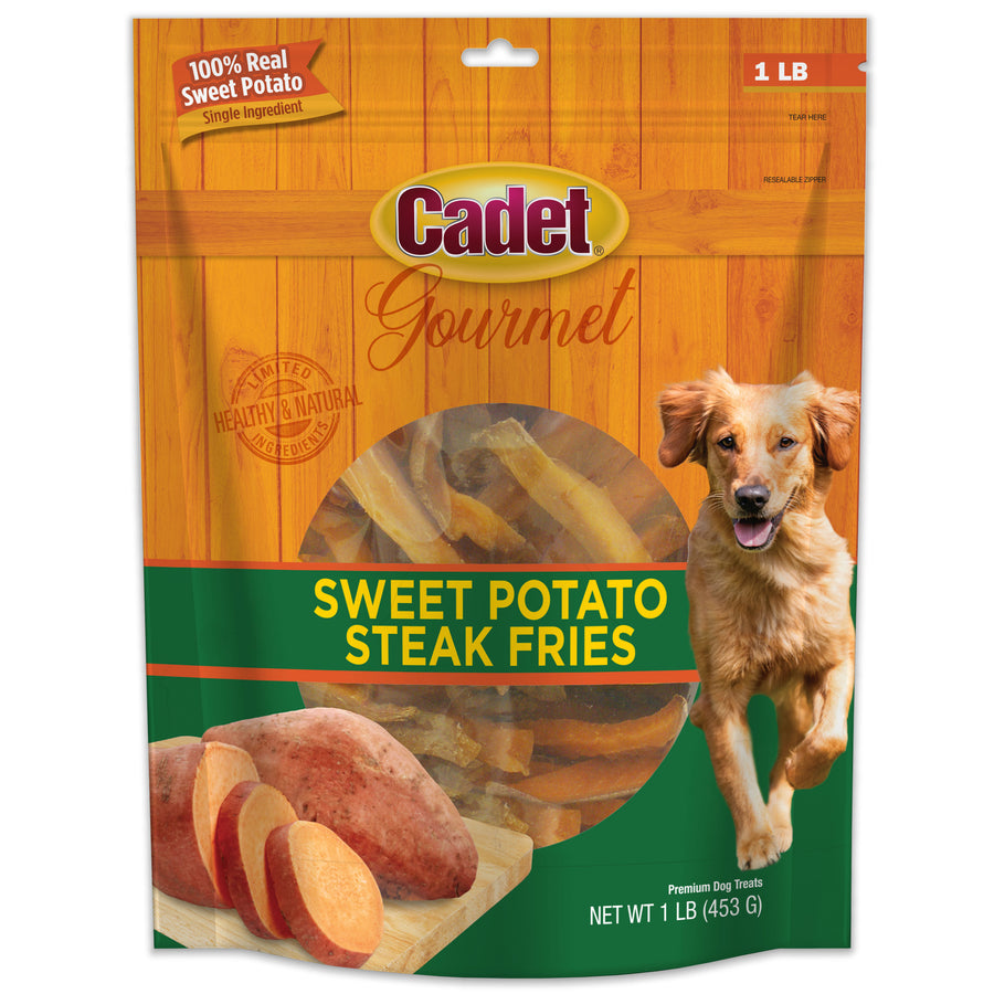Cadet Gourmet Sweet Potato Steak Fries Treats for Dogs 1lb, Front Packaging