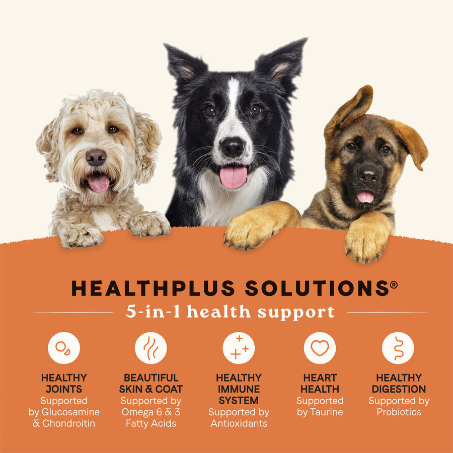 Healthplus Solutions. 5-in-1 Health support. Healthy Joints, Beautiful Skin & Coat, Healthy immune system, heart health, Healthy Digestion.