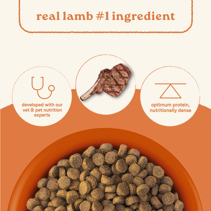 Real Lamb #1 Ingredient. Developed with our vet & pet experts. Optimum Protein, nutritionally dense.