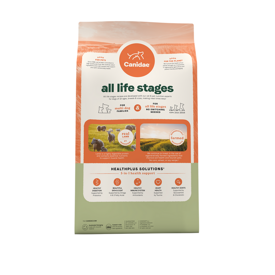 Canidae all life stages lamb & ancient grains rear of package.