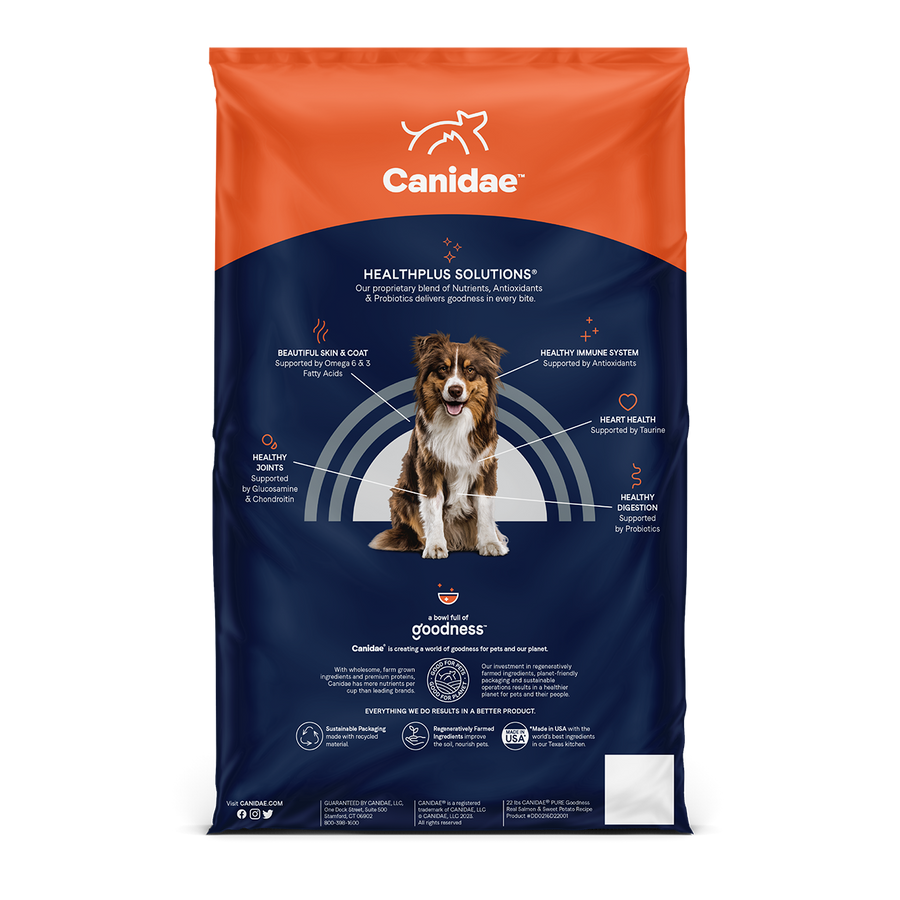 Back of bag of Canidae PURE Grain Free Salmon & Sweet Potato Recipe Dry Dog Food 22 lbs