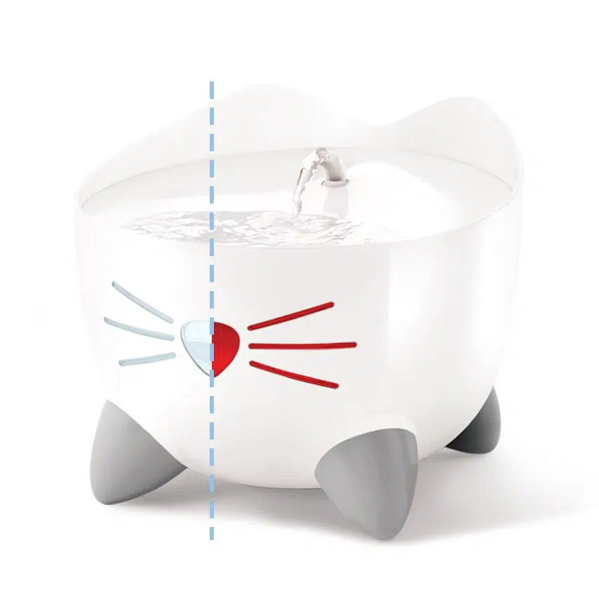 Catit Pixi Drinking Fountain nose and whiskers light up. This water level window shaped like a cat’s nose conveniently indicates the drinking fountain’s status and makes for an adorable nightlight.