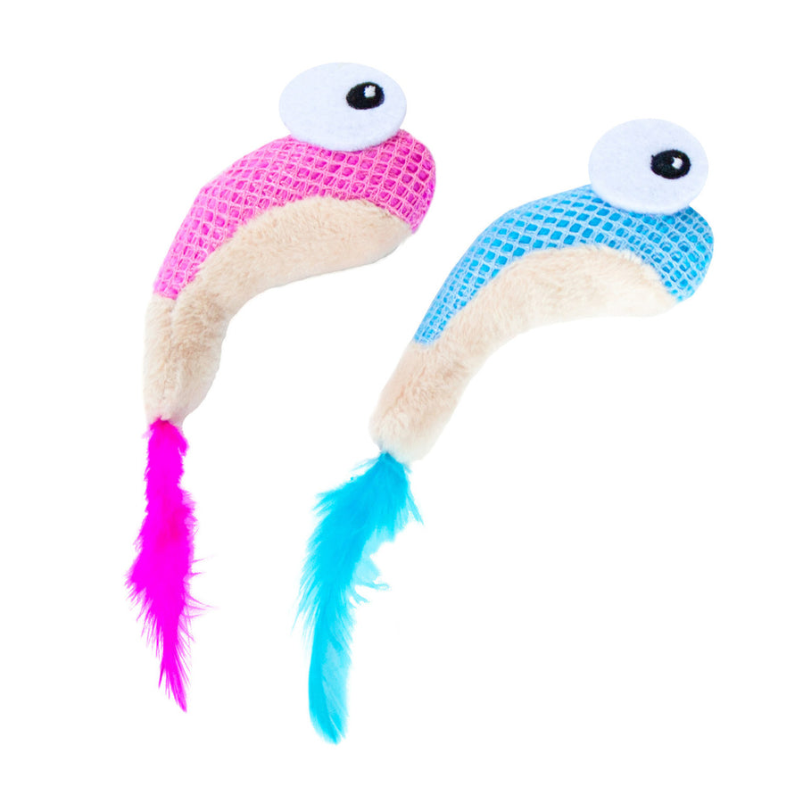 Catstages Dental Shrimpies cat toy, Two plush shrimp-shaped cat toys in pink and blue, each with stitched details and soft fabric textures, packaged together, designed to help clean cats' teeth while they play.