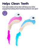 Two shrimp-shaped cat toys with plush beige bodies, textured mesh tops—one in pink, one in blue—and large white eyes with black pupils. Each toy has a bright feather tail matching its color scheme, one pink and one blue. Text above reads 'Helps Clean Teeth' with a description about engaging a cat’s hunting instincts.