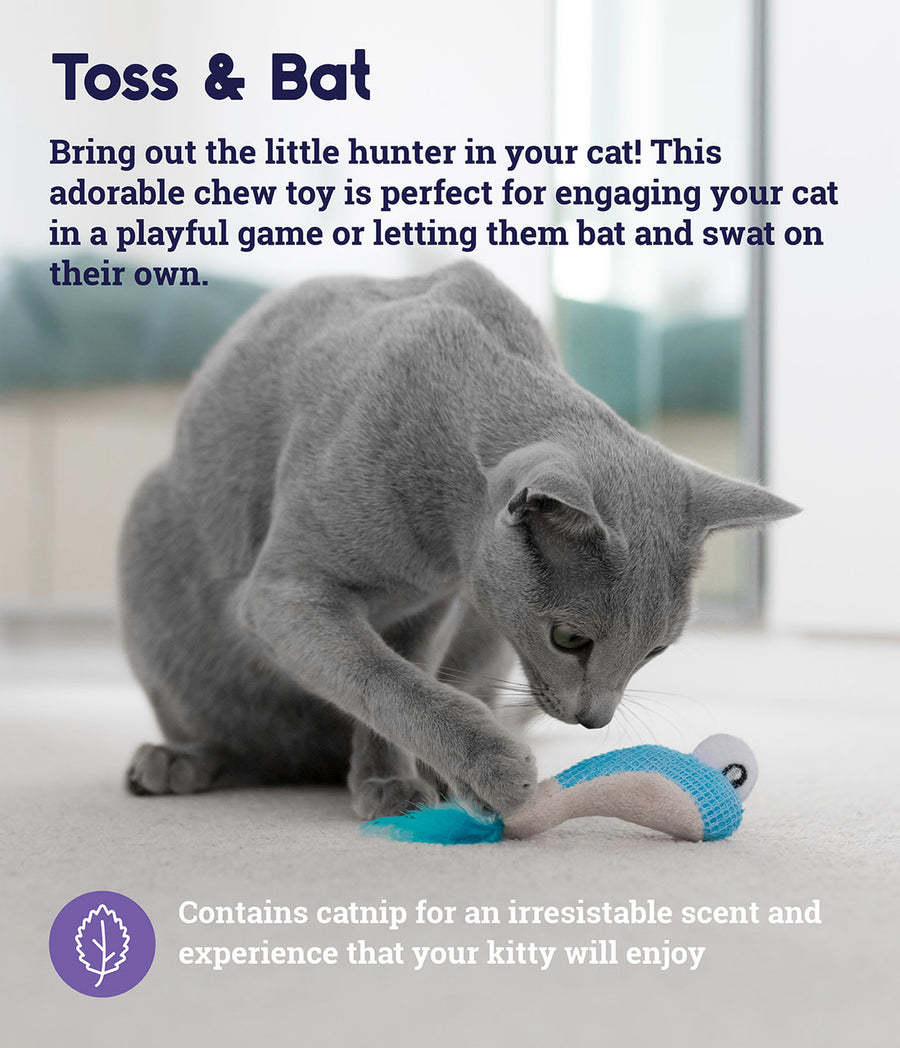 A gray cat playing with a blue shrimp-shaped plush toy that has a mesh texture and a bright blue feather tail. The cat is crouched, pawing at the toy with focus. Toss & Bat. Bring out the little hunter in your cat! This adorable chew toy is perfect for engaging your cat in a playful game or letting them bat and swat on their own. Contains catnip for an irresistible scent and experience that your kitty will enjoy.