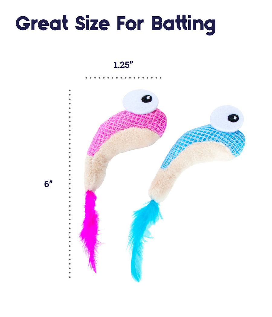 Two shrimp-shaped cat toys, one pink and one blue. Great Size For Batting. Shown with labeled dimensions of 6 inches in length and 1.25 inches in width. Both toys have plush beige bodies, mesh-textured tops, large cartoon-style eyes, and feather tails matching their color scheme.