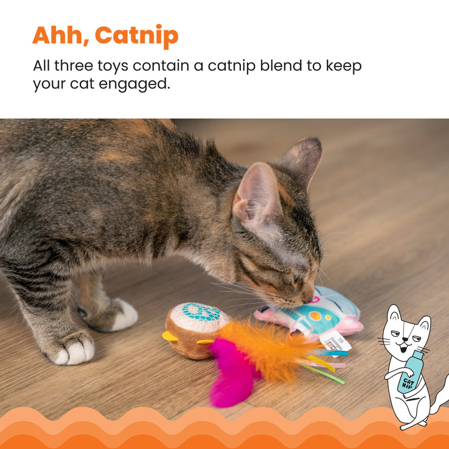 A tabby cat sniffs a group of colorful cat toys, including a plush van, a tambourine-shaped toy with feathers, and a mushroom toy. "Ahh, Catnip – All three toys contain a catnip blend to keep your cat engaged."