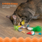 A tabby cat sniffs and paws at a group of garden-themed cat toys on a wooden floor, including a smiling flower with green feathers, a watering can, a trowel, a hummingbird, and a gnome. Crinkle Crazy – Crinkle sounds cats can't resist.