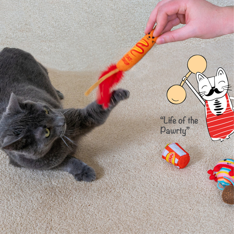 
"A gray cat on a carpet playfully reaches for a corn dog-shaped toy labeled 'CAT-CHUP' with red feathers, held by a person’s hand. Nearby are a popcorn bucket toy and a rainbow-striped hot air balloon toy. An illustrated cat in a red-striped outfit lifts barbells next to the caption: 'Life of the Pawrty.