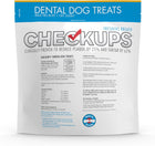 Rear of Package of Checkups dental dog treats with blue and white design