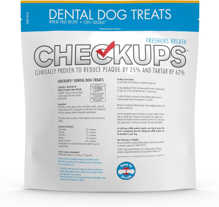 Rear of Package of Checkups dental dog treats with blue and white design