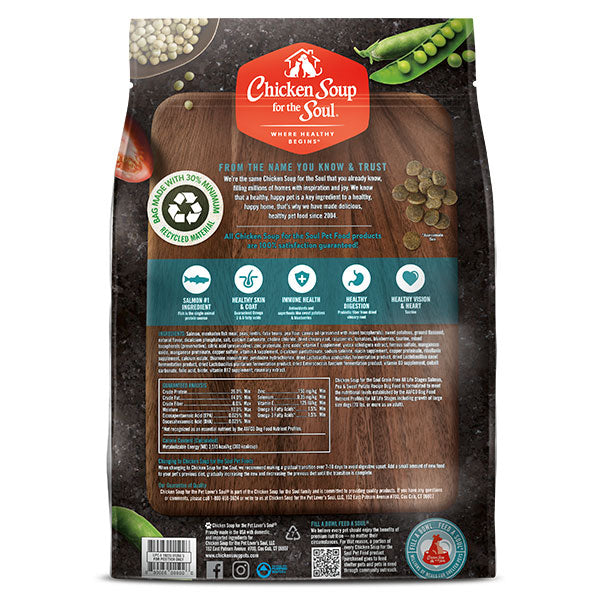 Back bag of Chicken Soup for the Soul Grain Free Salmon, Pea & Sweet Potato Recipe Dog Food 22 lbs
