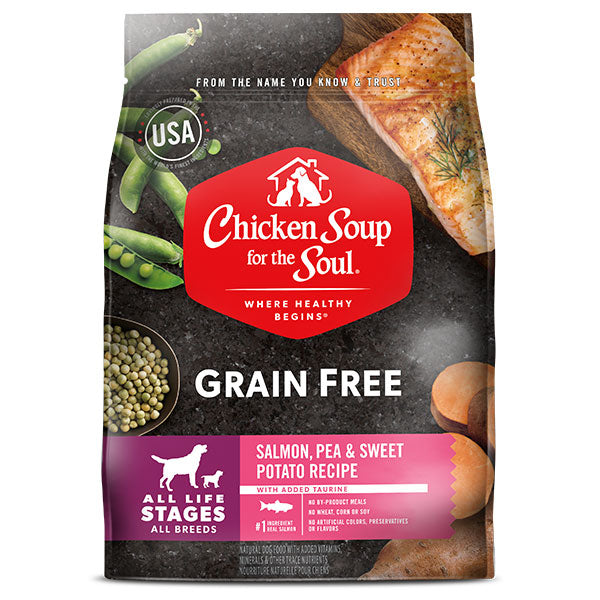 Front bag of Chicken Soup for the Soul Grain Free Salmon, Pea & Sweet Potato Recipe Dog Food 22lbs