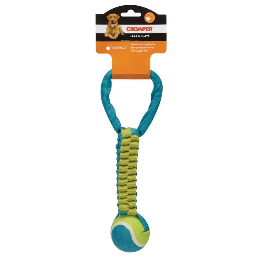 Chomper Braided Nylon Tennis Ball Tugs Dog Toy Orange Blue Front View