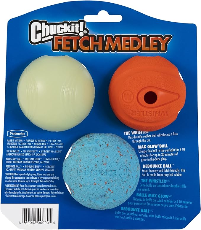 Chuckit! Fetch Medley Medium 3 Pack Ball Dog Toy, Front Packaging 