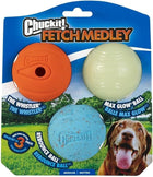 Chuckit! Fetch Medley Medium 3 Pack Ball Dog Toy, Front Packaging, Bounce, Max Glow and the Whistler