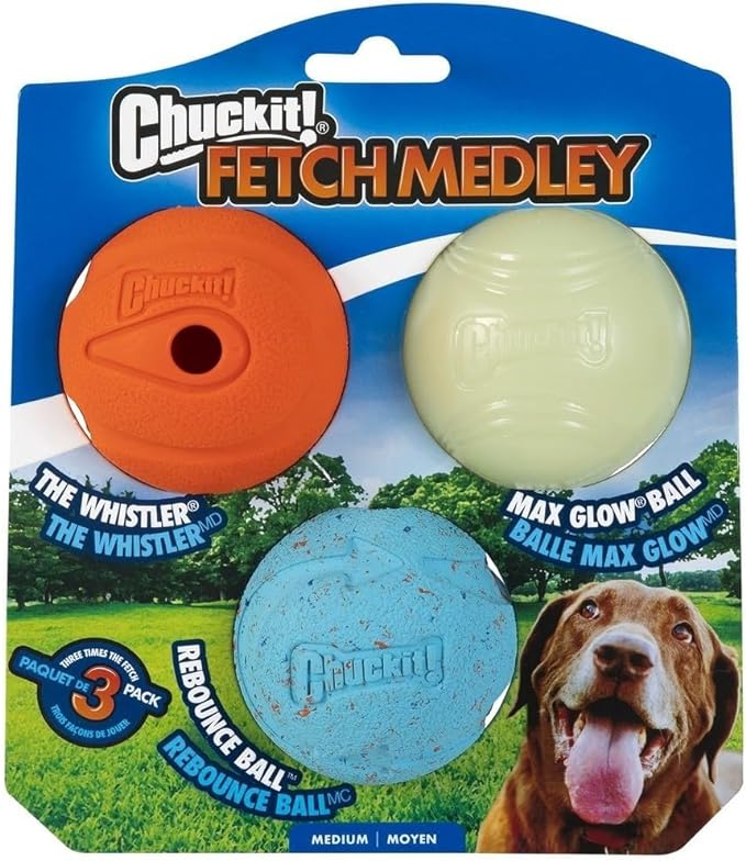 Chuckit! Fetch Medley Medium 3 Pack Ball Dog Toy, Front Packaging, Bounce, Max Glow and the Whistler