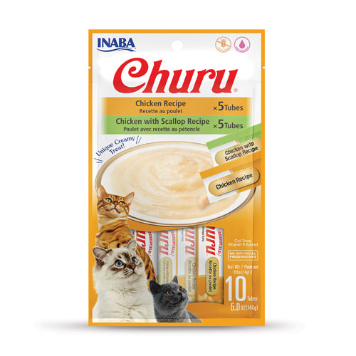 Packaging of Inaba Churu Chicken Variety 10 Pack Cat Treats showing images of cats and the contents of the product.