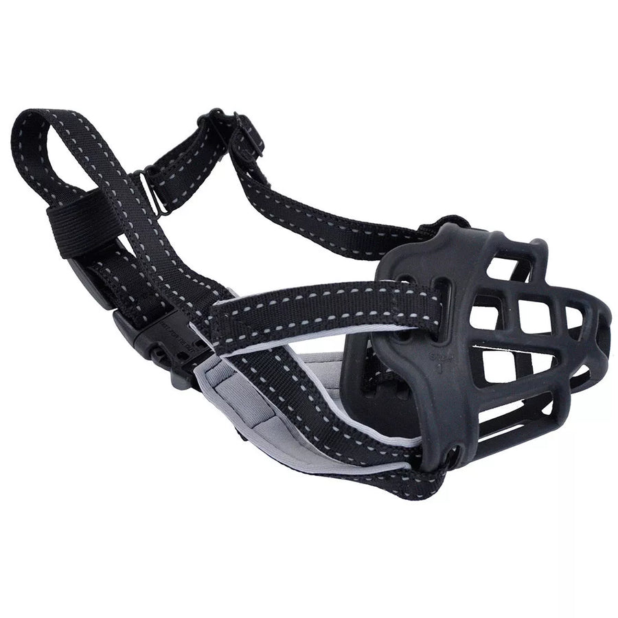 Full View of Coastal Soft Basket Muzzle For Dogs Black with Gray Accents