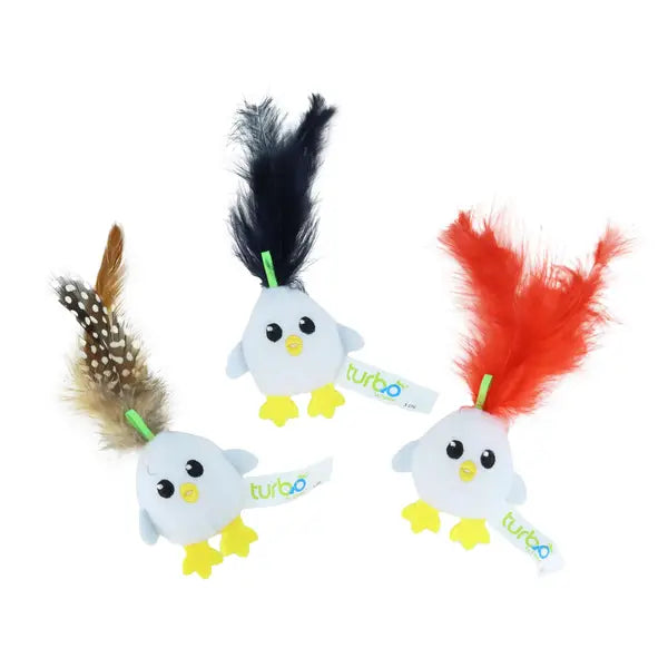 Coastal Turbo Chicken Egg Cat Toys, each shaped like a small round bird with yellow feet and beak, wide black eyes, and colorful feather tails in red, black, and brown.