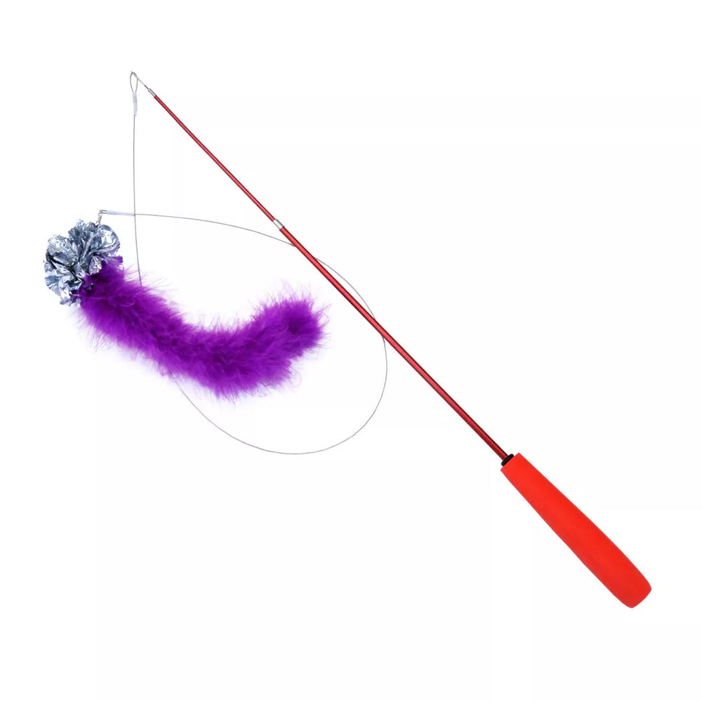 Red telescoping cat teaser wand with a soft orange handle, attached to a silver cord that holds a shiny crinkle pom and a fluffy purple feather tail.