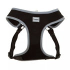 Close up of harness. Showing padded center piece, with the head strap and body strap. Adjustable straps on both sides.