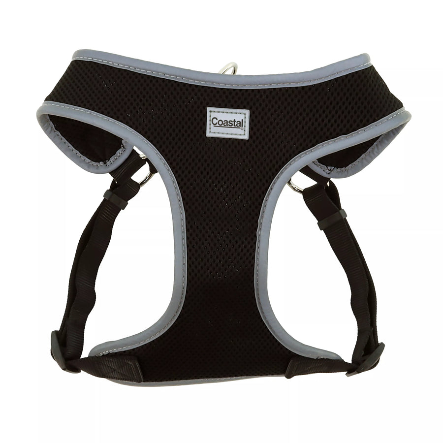 Close up of harness. Showing padded center piece, with the head strap and body strap. Adjustable straps on both sides.