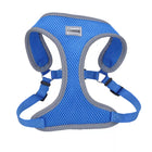 Close up of harness. Showing padded center piece, with the head strap and body strap. Adjustable straps on both sides.