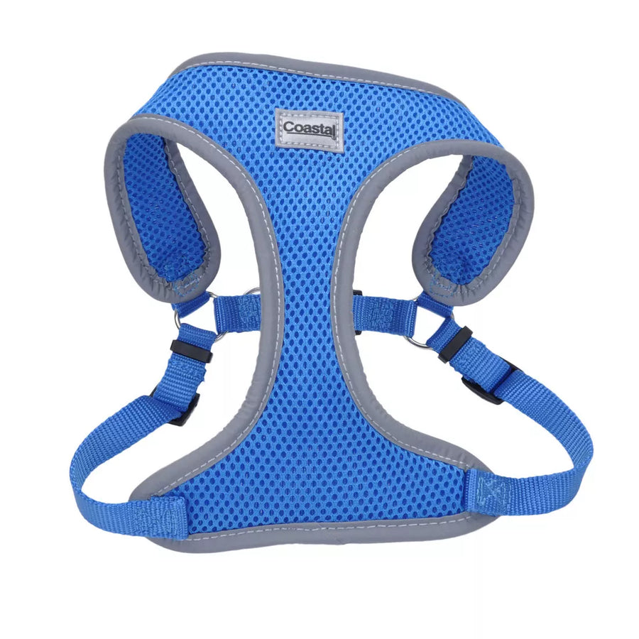 Close up of harness. Showing padded center piece, with the head strap and body strap. Adjustable straps on both sides.