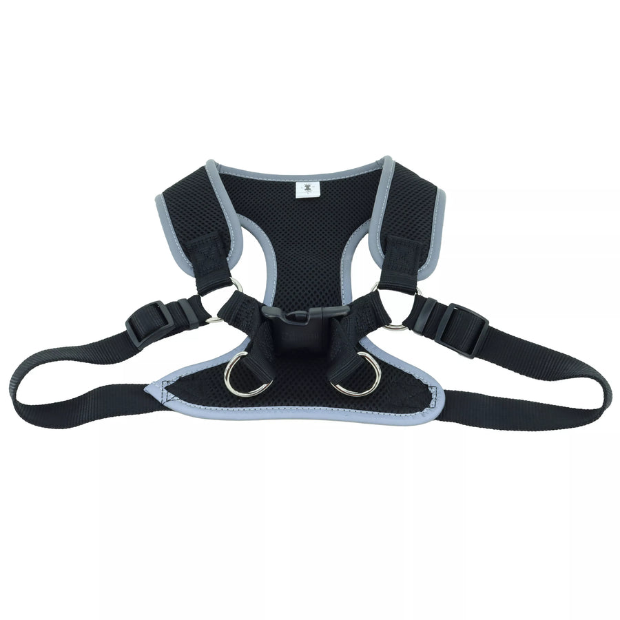 Close up of harness. Showing padded center piece. Adjustable straps on both sides. In the center shows a pinch buckle closed and two D rings for leash attachment.