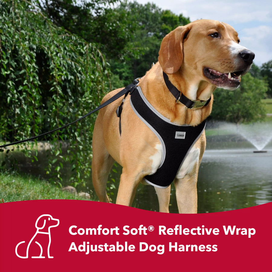 Dog wearing the comfort harness. Comfort soft reflective wrap adjustable dog harness.