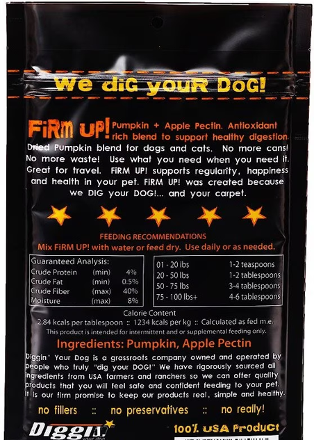Diggin' Your Dog Firm Up! Pumpkin Super Dog & Cat Supplement, Back Packaging